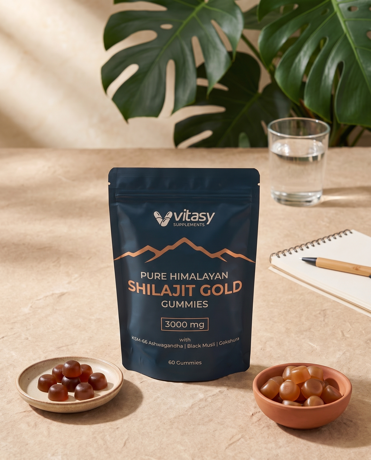 Vitasy Shilajit Gold Gummies pouch on a table with two dishes of gummies, a glass of water and a notebook