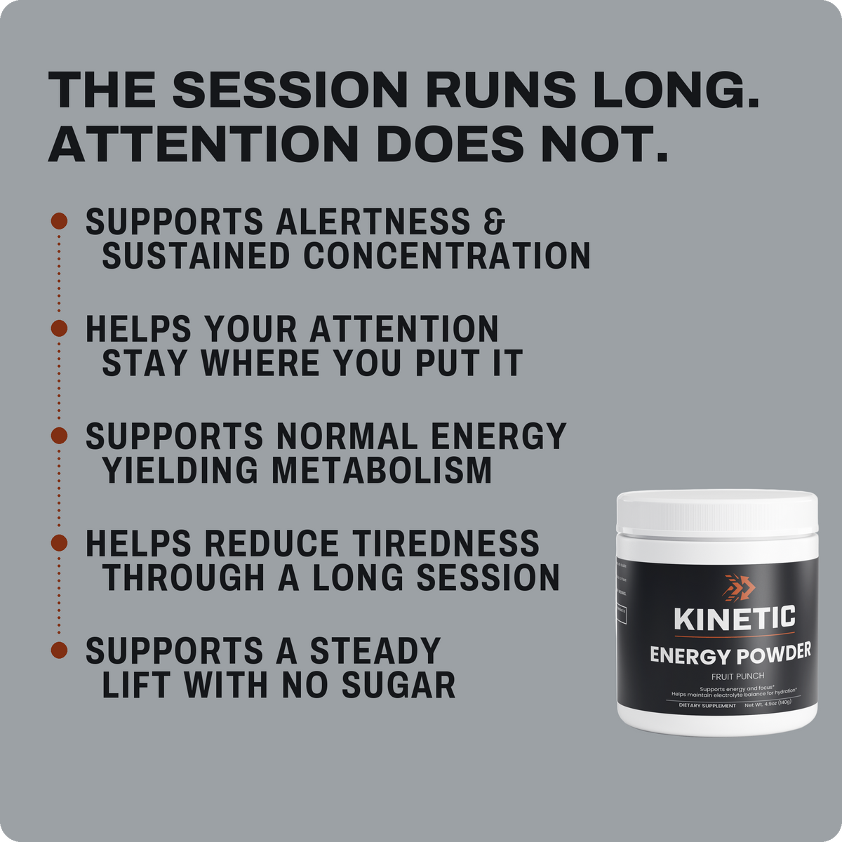 The session runs long. Attention does not. - KINETIC Energy Powder, Fruit Punch, 20 servings six benefits panel (v2)