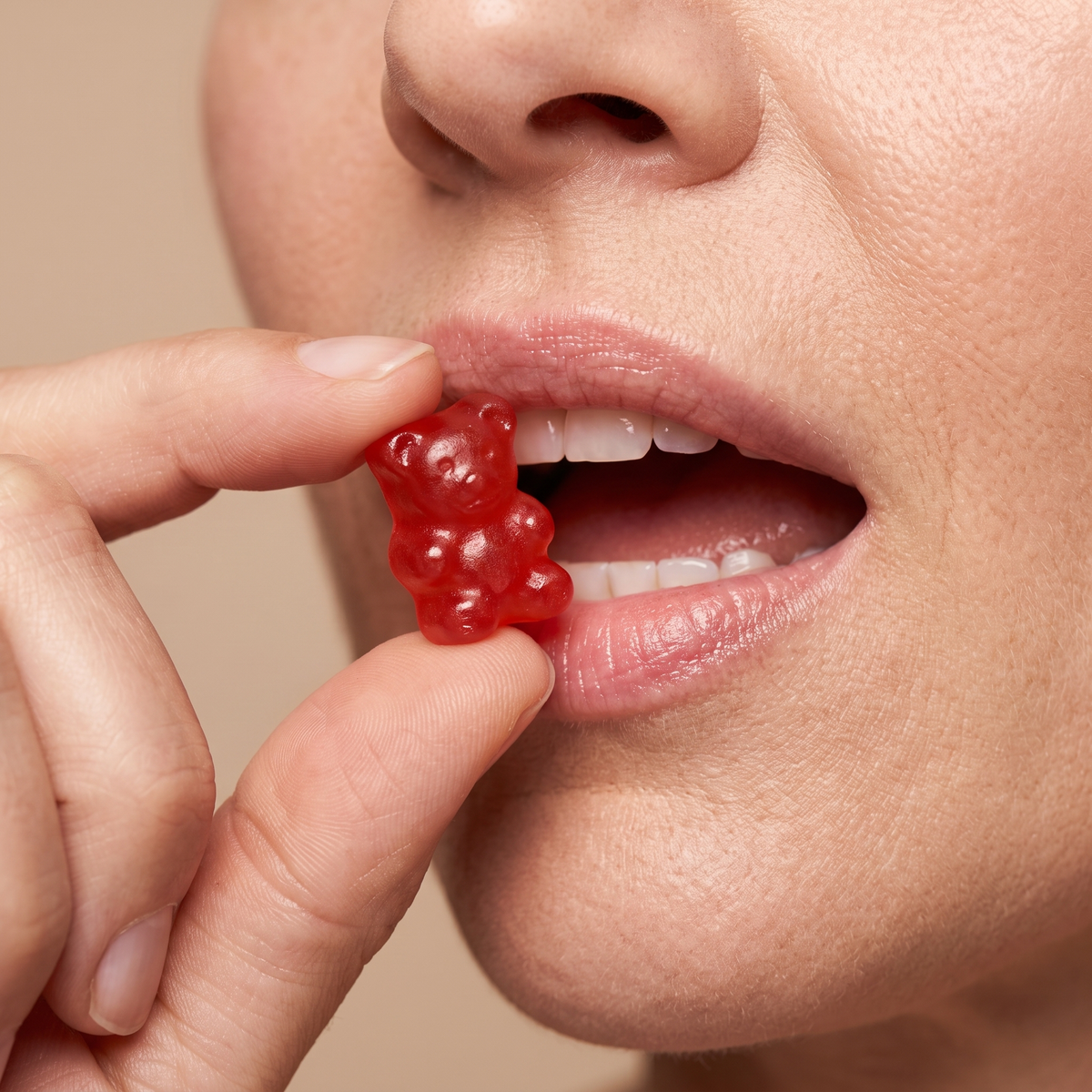 Biotin Gummies v4 - Gallery Image 6 - woman eating one Strawberry bear gummy