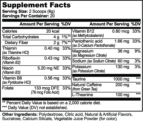 KINETIC Energy Powder Yuzu supplement facts panel