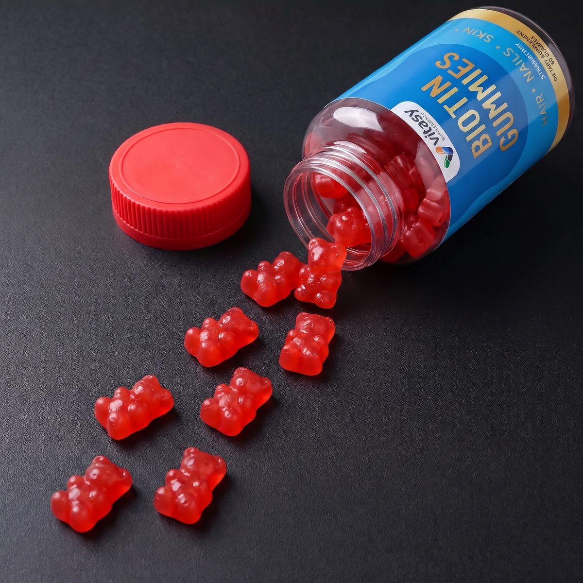 Biotin Gummies v3 - Gallery Image 7 - Full-bottle bear-gummy spill detail