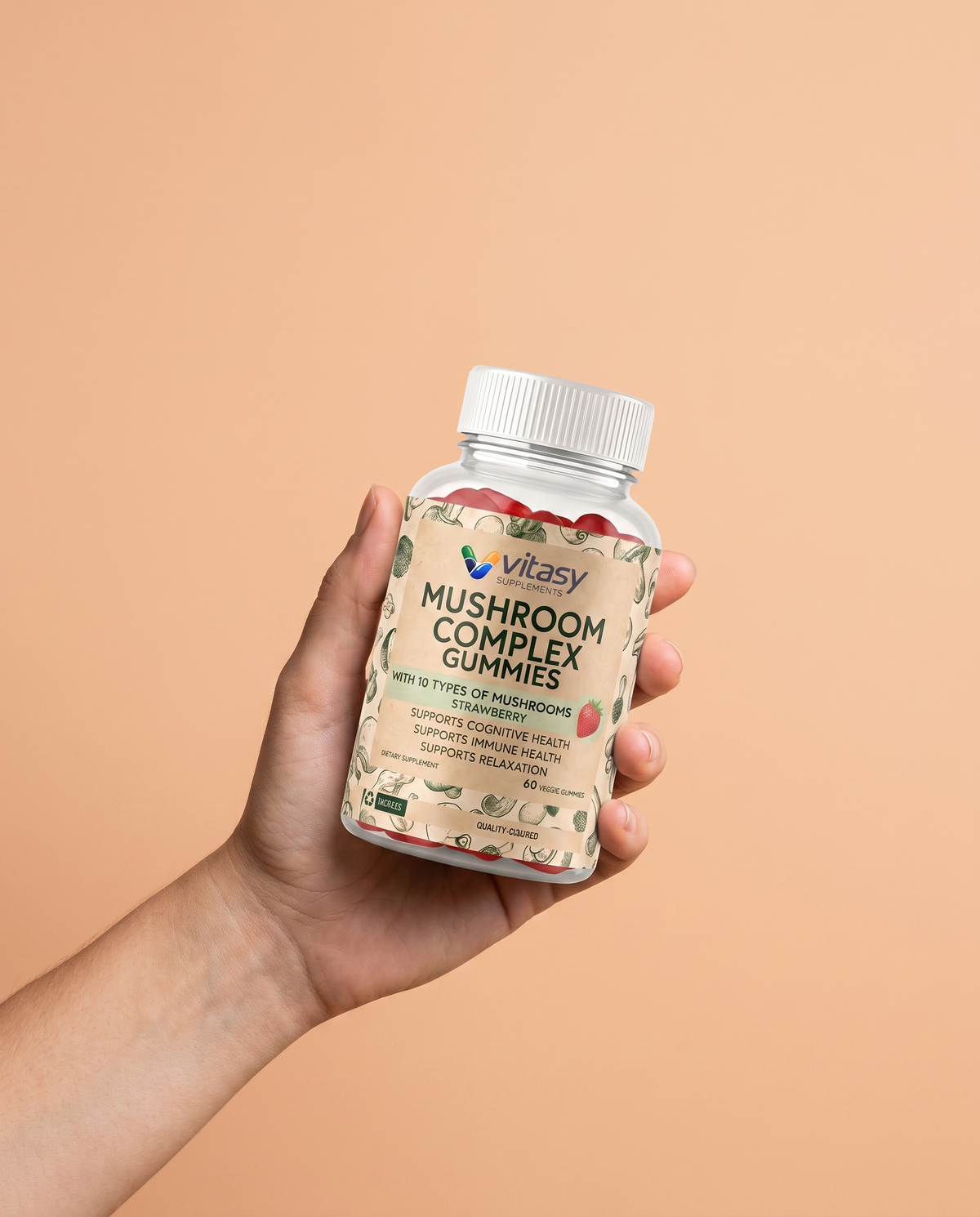 Mushroom Gummies v3 - 05 hand holding bottle