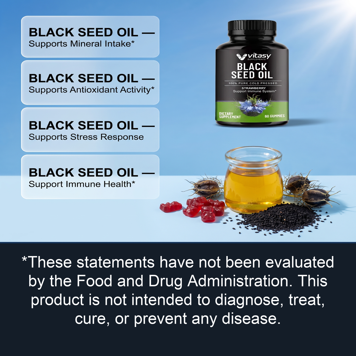 Black seed oil Gummies v4 - Gallery Image 6 Benefits still life