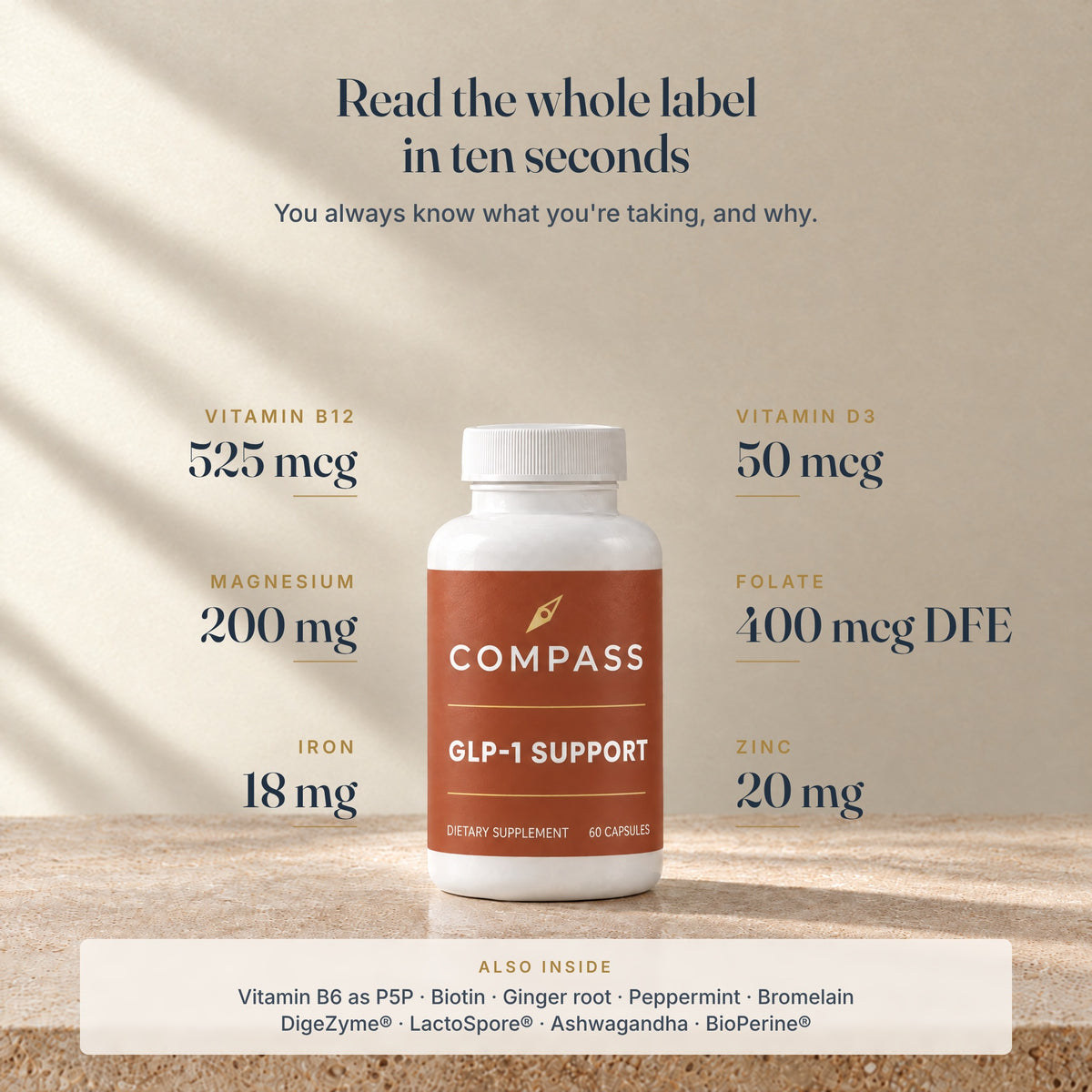 Read the whole label in ten seconds - key nutrients in Compass GLP-1 Support