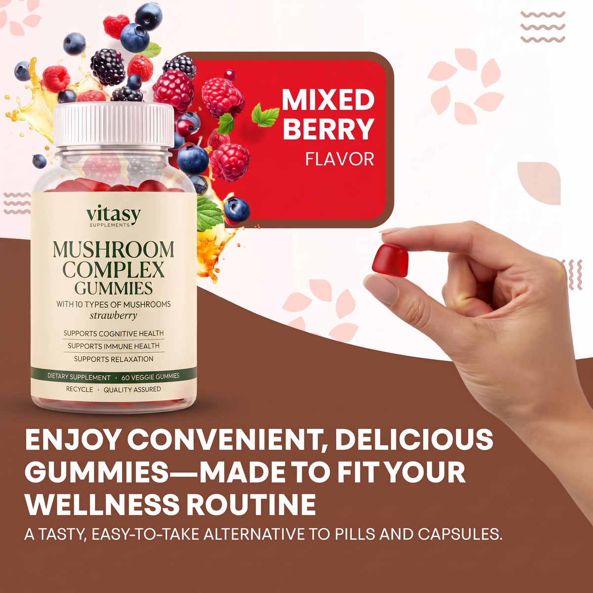 Mushroom Gummies v8 - Mixed berry flavor hand pinches gummy