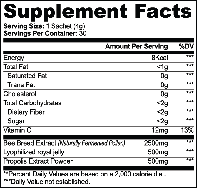 VERA Bee Bread Powder supplement facts panel, photographed from the pack