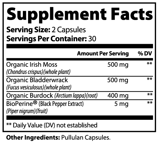 Supplement facts panel for COMPASS Sea Moss, organic Irish moss, bladderwrack, burdock and BioPerine black pepper extract, 30 servings