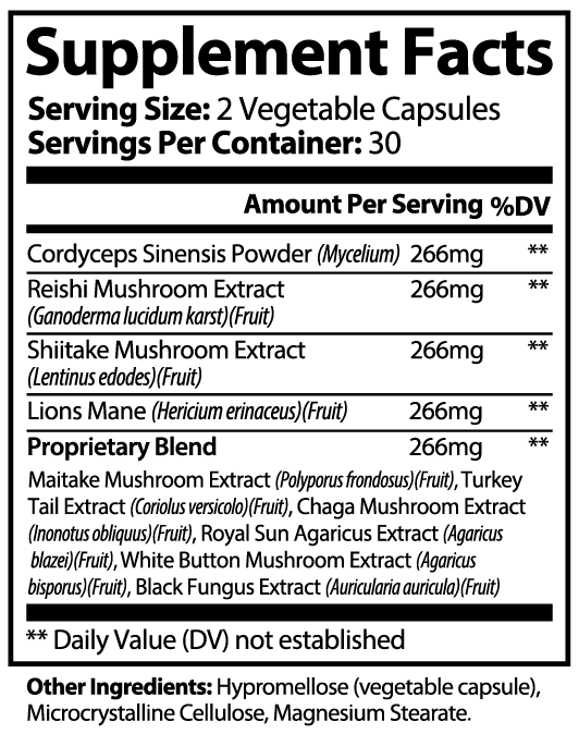 Supplement facts panel for CORTEX Mushroom Complex 10 X, ten mushroom species, 60 vegetable capsules