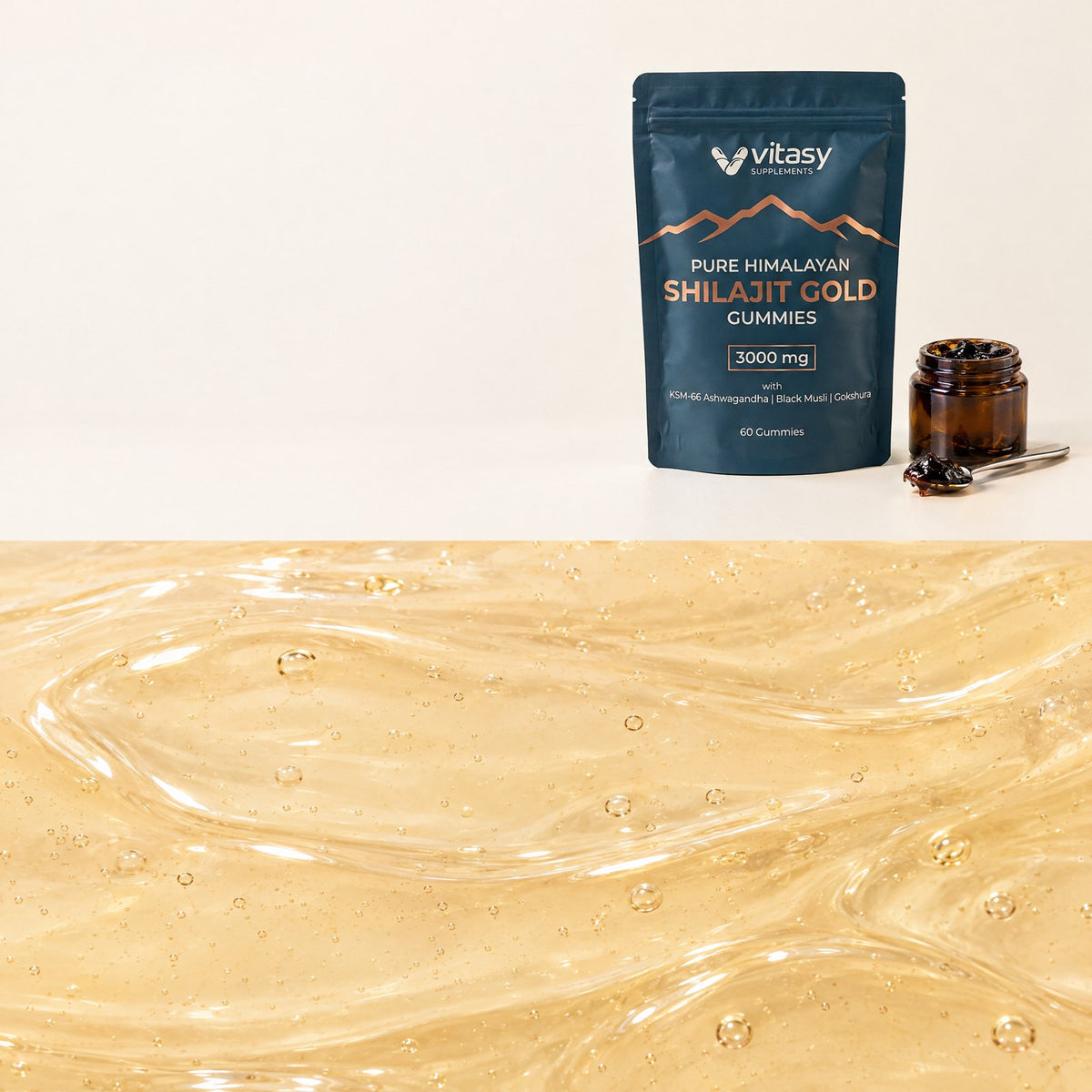Vitasy Shilajit Gummies pouch next to a jar of shilajit resin