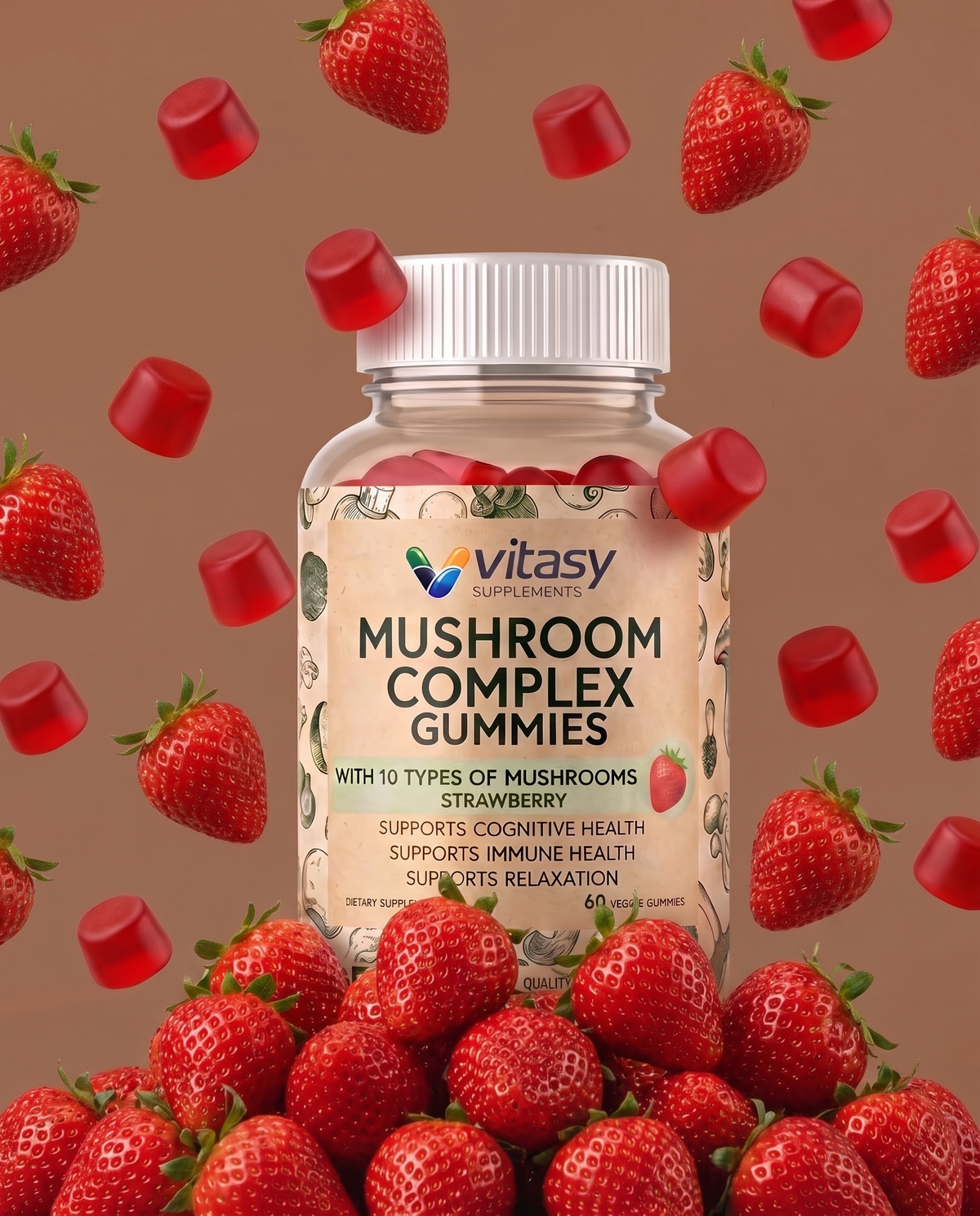 Mushroom Gummies v3 - 11 floating strawberries
