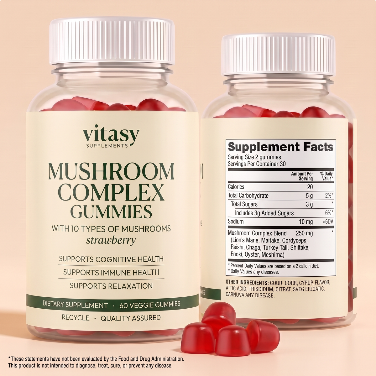 Mushroom Gummies v8 - Supplement facts panel and bottle
