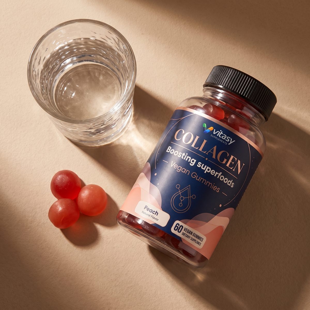 Collagen Gummies - One Chewable for Skin, Hair and Joints - Hydrolyzed Collagen, Vitamin C & Biotin - 60 Gummies, Peach