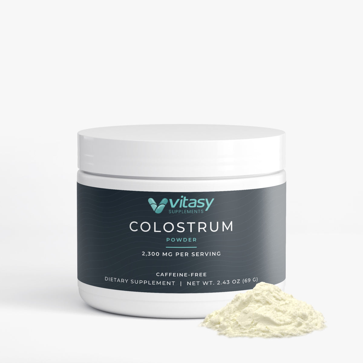 Bovine Colostrum Powder tub with a scoop of colostrum powder