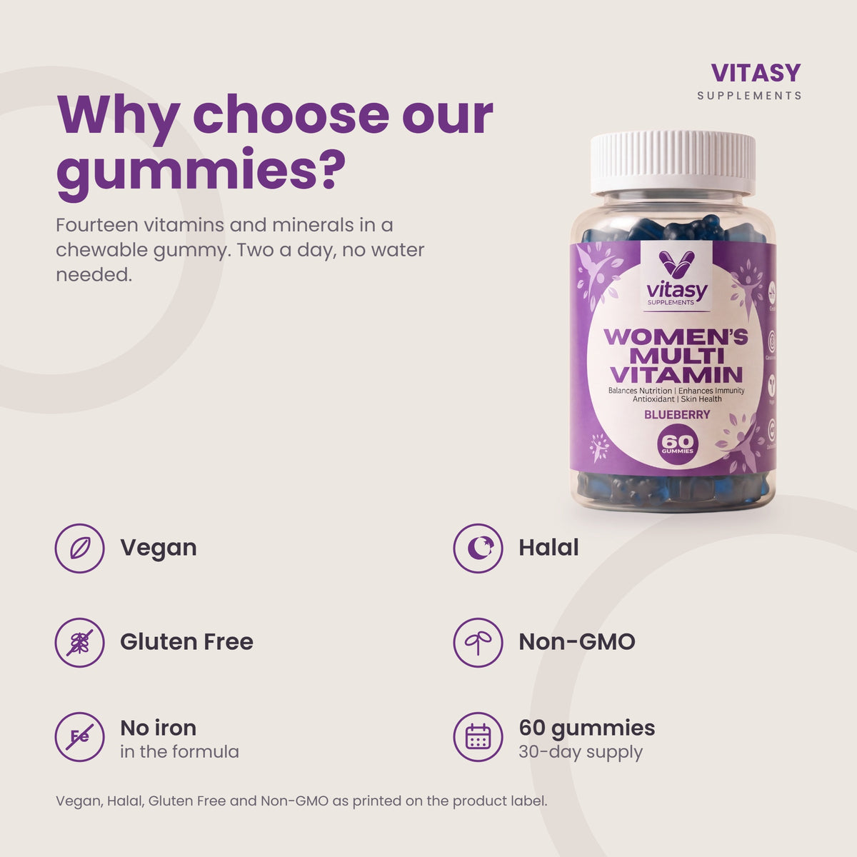 Why choose our gummies - Vegan, Halal, Gluten Free, Non-GMO, no iron, 60 gummies for 30 days