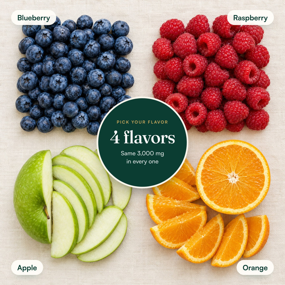 Four flavors: blueberry, raspberry, apple and orange