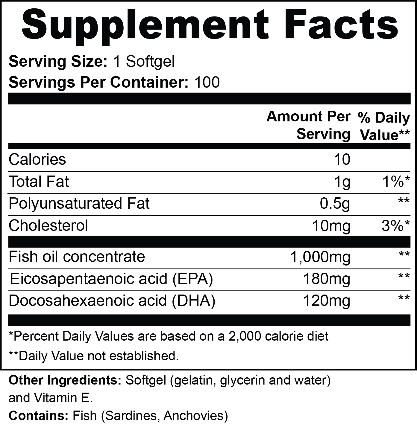 Omega-3 EPA 180mg + DHA 120mg Per Serving Supplement Fish Oil Softgels - 100 Softgels, Non-GMO & Gluten Free