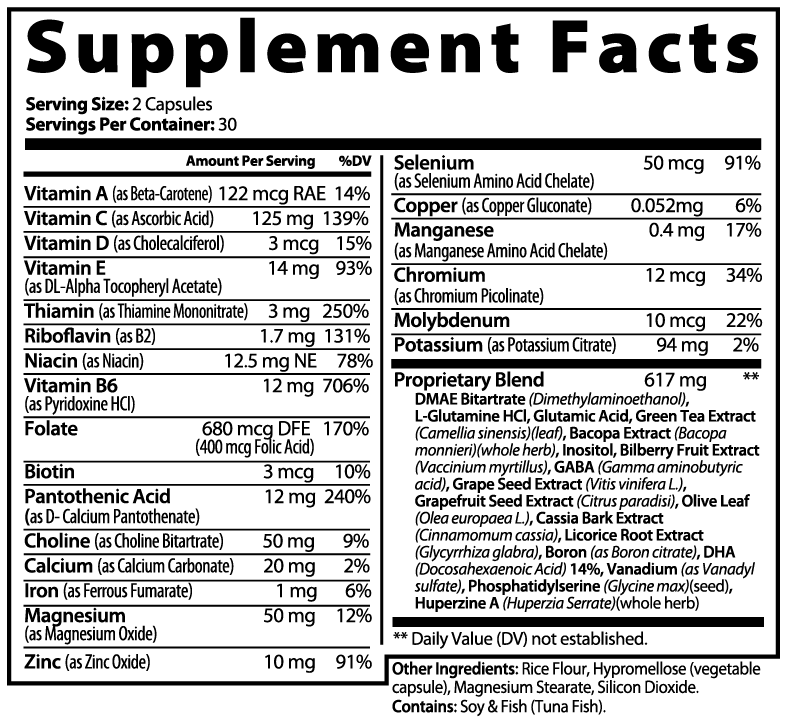 Supplement facts panel for CORTEX Brain & Focus Formula, showing a serving of two vegetable capsules and 30 servings per bottle
