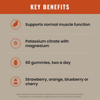 Key benefits - supports normal muscle function, potassium citrate with magnesium, 60 gummies two a day, four flavours