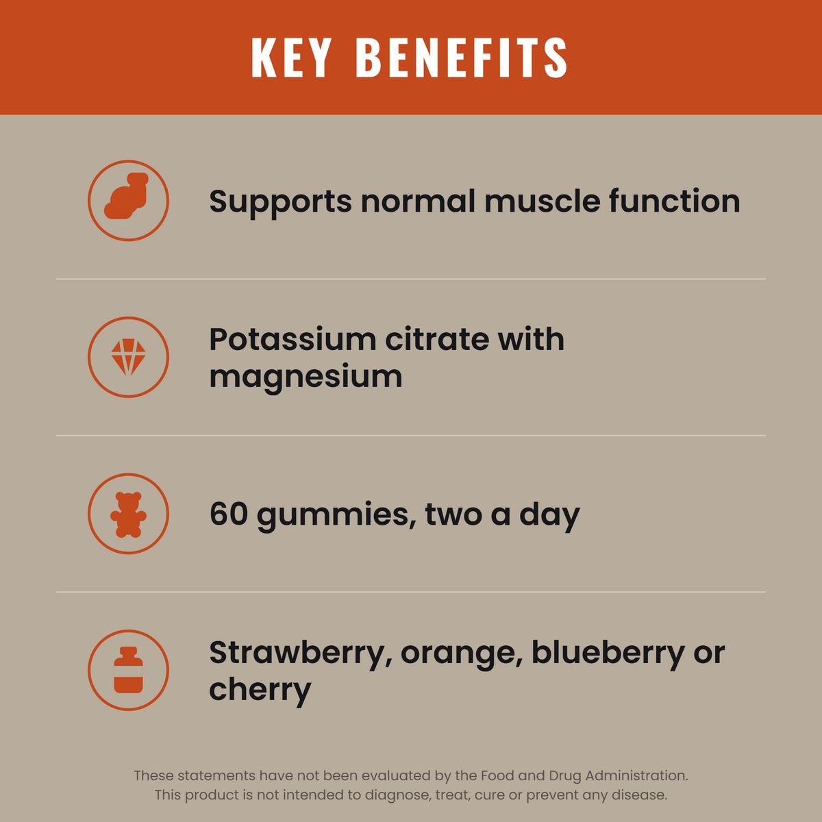 Key benefits - supports normal muscle function, potassium citrate with magnesium, 60 gummies two a day, four flavours