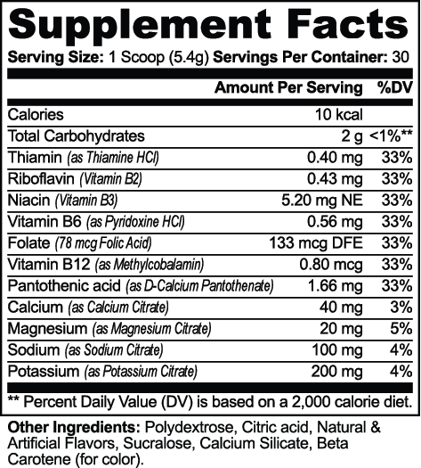 KINETIC Hydration Powder Peach Mango supplement facts panel, 30 servings