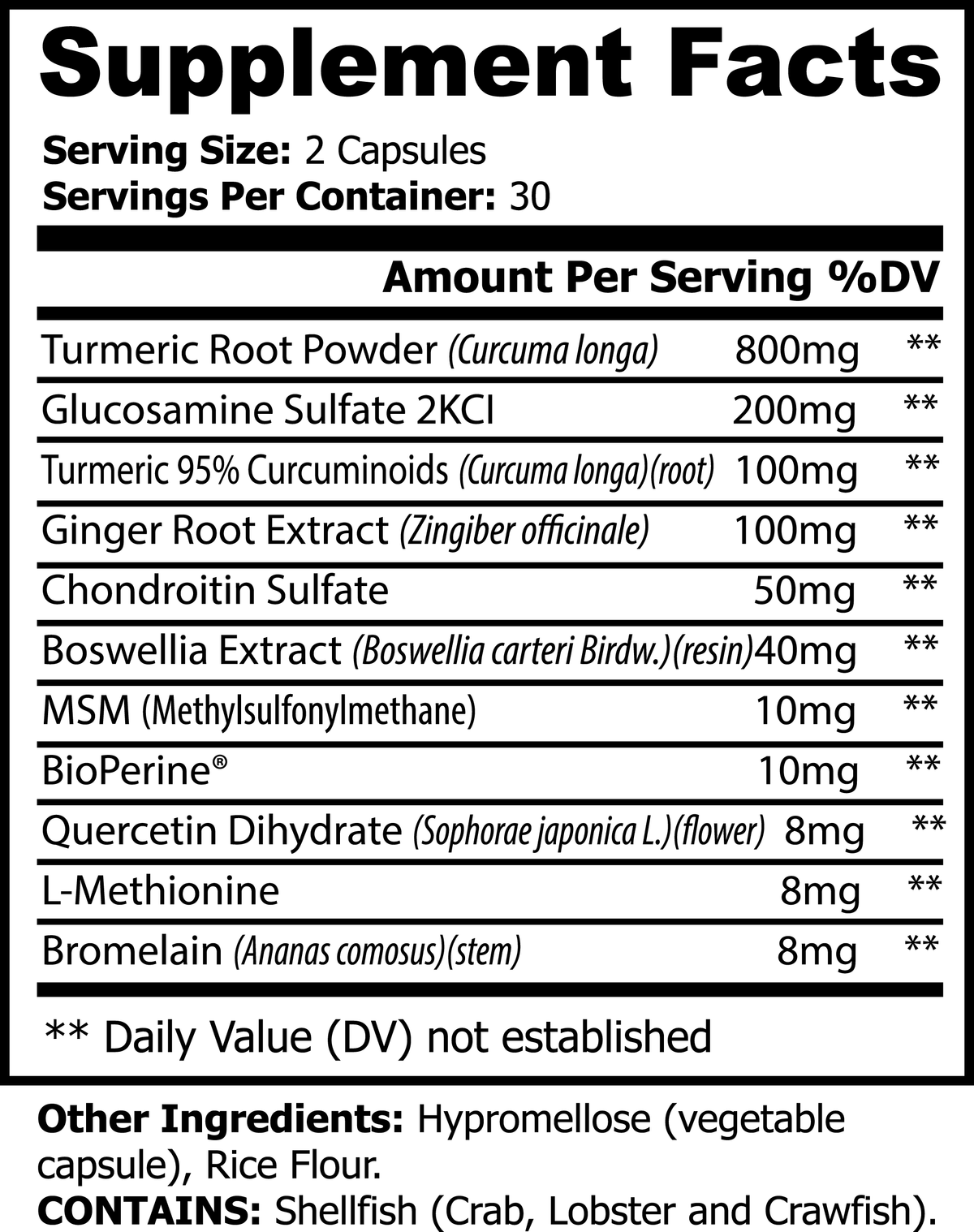 Platinum Turmeric supplement facts panel