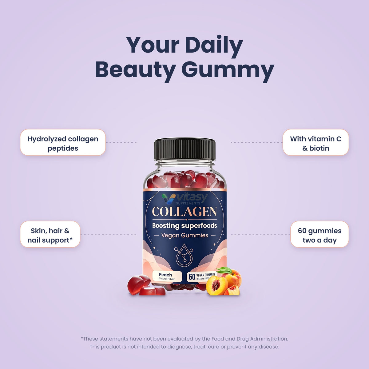 Your daily beauty gummy - hydrolyzed collagen peptides with vitamin C and biotin, 60 gummies, two a day