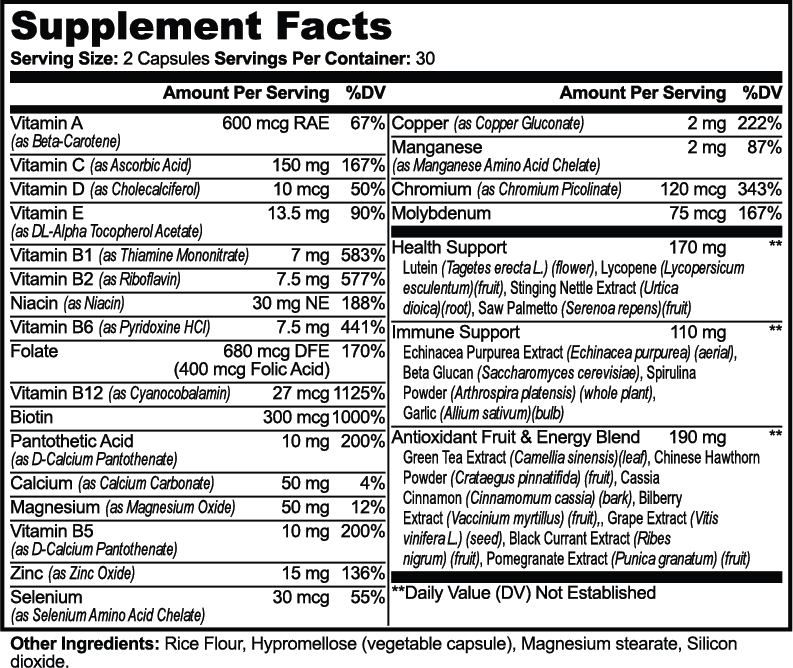 COMPASS Complete Multivitamin supplement facts panel, twenty vitamins and minerals, 30 servings