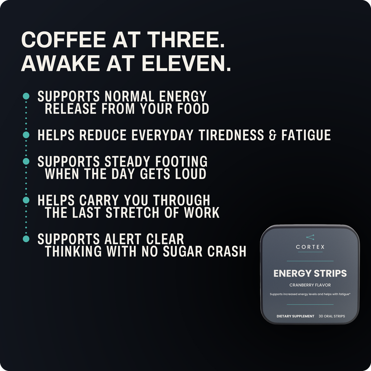 Five benefits of CORTEX Energy Strips - supports normal energy release from food, reduces everyday tiredness and fatigue, steady footing when the day gets loud, carries you through the last stretch of work, alert clear thinking with no sugar crash - with the cranberry strip tin - benefits panel v3