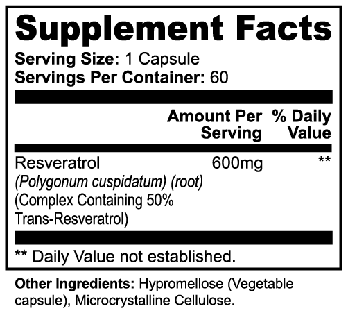 CORTEX Resveratrol 50% 600mg supplement facts panel