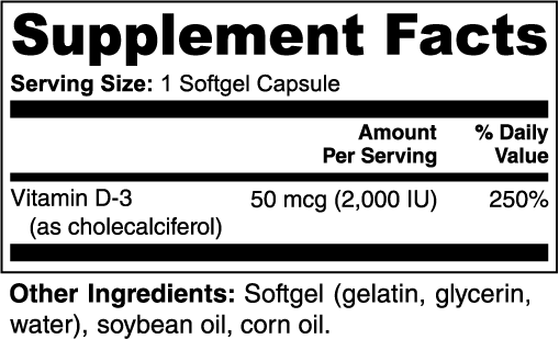Vitamin D3 2,000 IU supplement facts panel