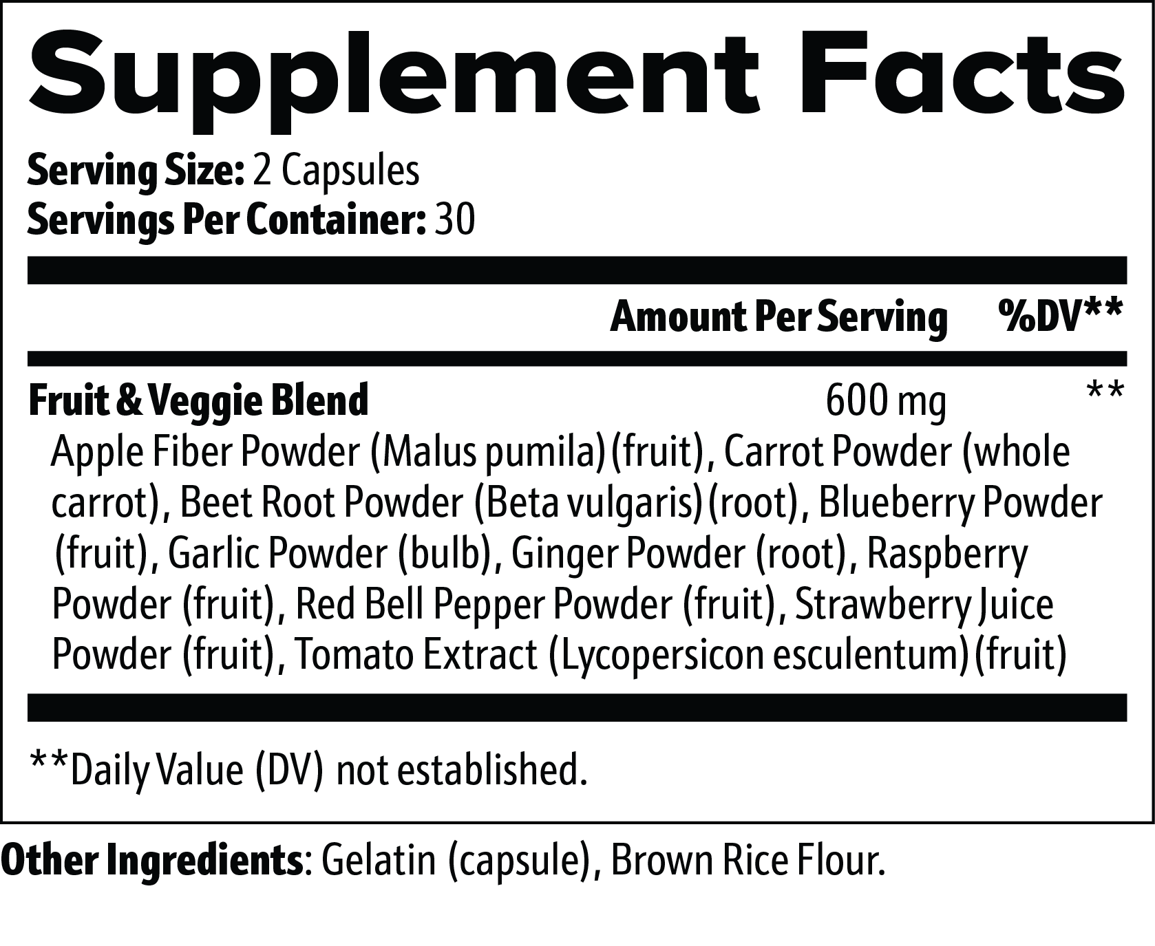 COMPASS Fruits and Veggies supplement facts panel - ten fruits and vegetables listed in label order by weight, apple fibre first; brown rice flour listed as a filler; gelatin capsule shell; the label prints no amount against any individual plant and no total for the blend