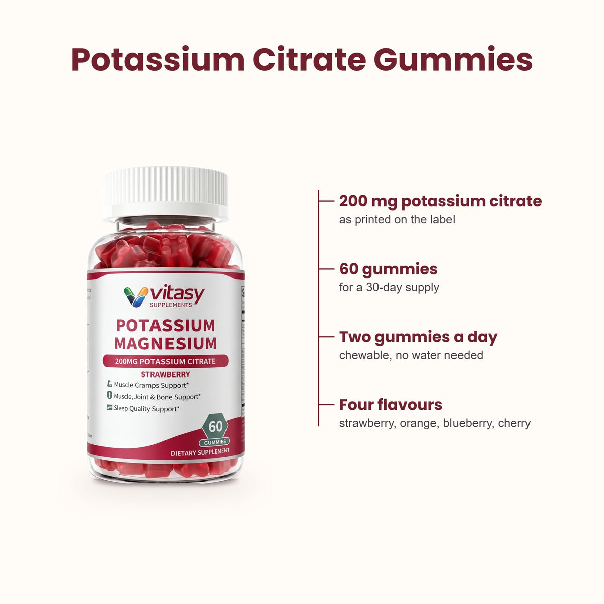 Potassium Citrate Gummies - 200 mg potassium citrate, 60 gummies, two a day, four flavours