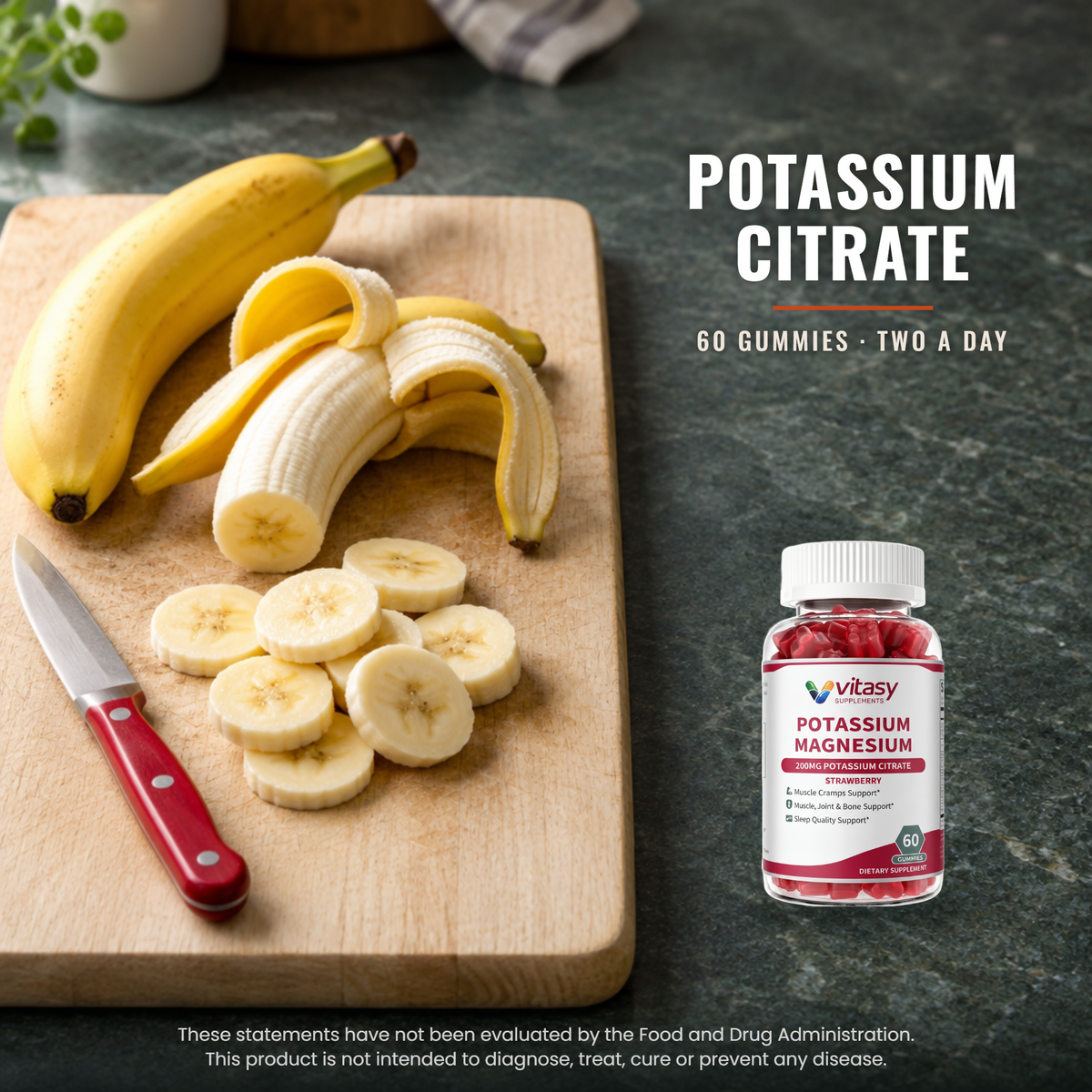 Potassium Citrate gummies bottle on a kitchen surface beside sliced bananas