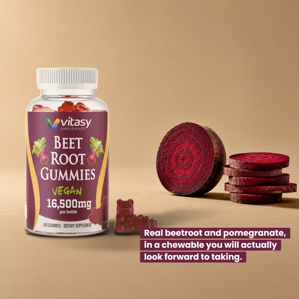 Beet Root Gummies bottle beside sliced beetroot on a warm studio backdrop