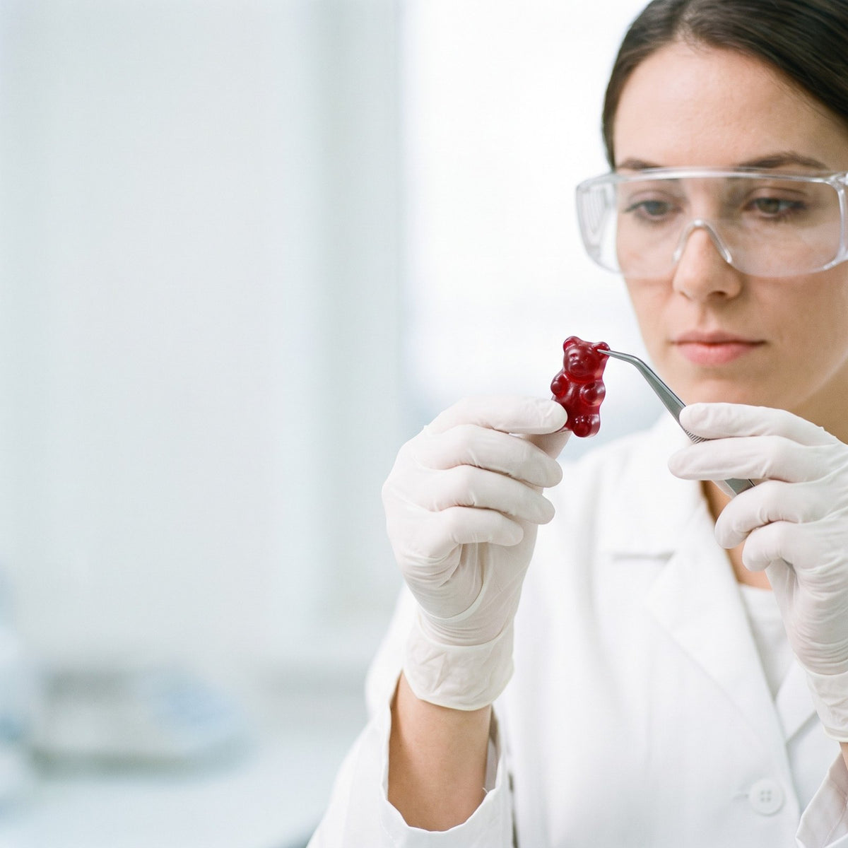 Lab technician checking a red gummy with tweezers