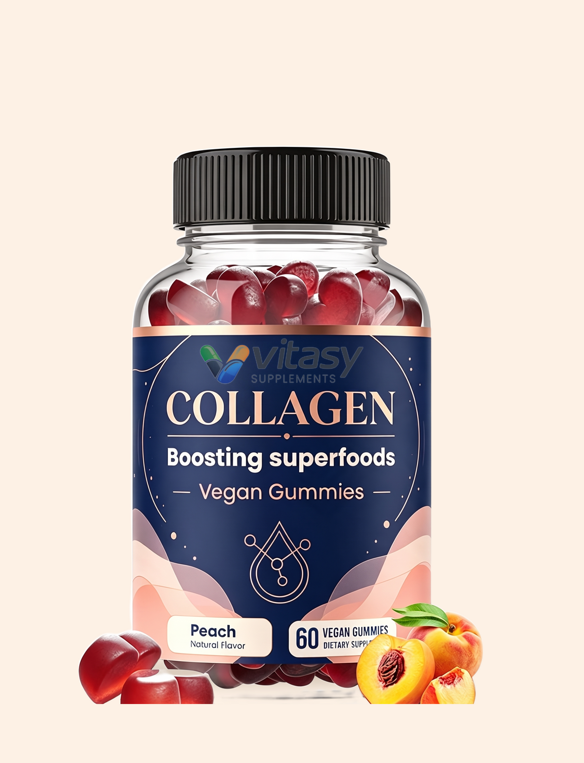 Collagen Gummies peach bottle with loose gummies on a cream background