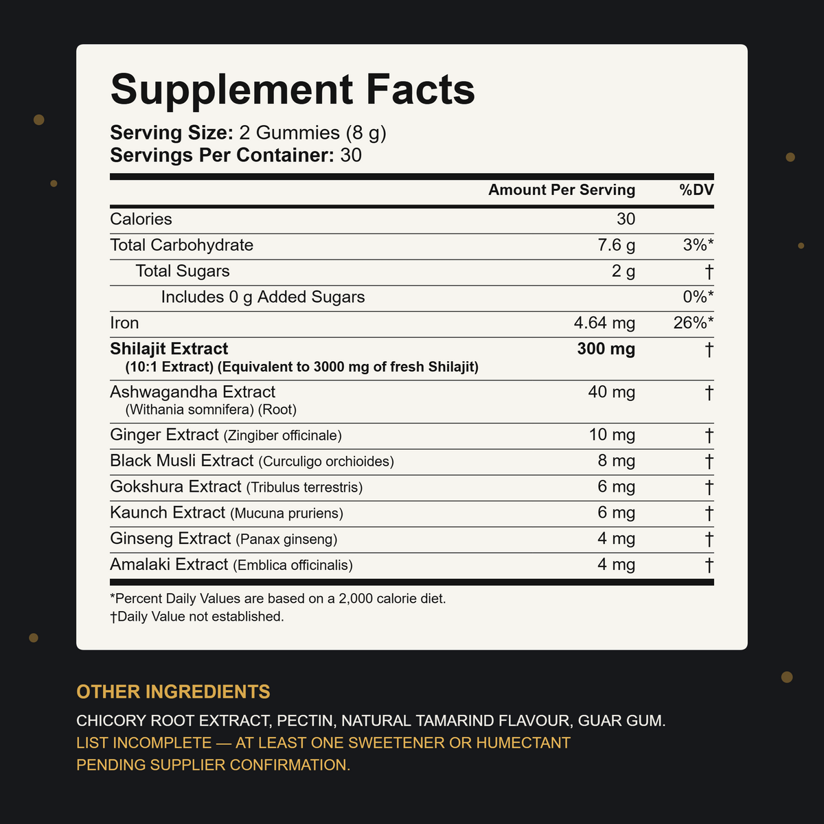 Supplement Facts for Shilajit Gold Gummies: serving size 2 gummies (8 g), 30 servings per container, 30 calories, 7.6 g total carbohydrate, 2 g total sugars with 0 g added, iron 4.64 mg at 26% DV, shilajit extract 300 mg (10:1, equivalent to 3000 mg of fresh shilajit), ashwagandha 40 mg, ginger 10 mg, black musli 8 mg, gokshura 6 mg, kaunch 6 mg, ginseng 4 mg, amalaki 4 mg. Other ingredients list incomplete, pending supplier confirmation