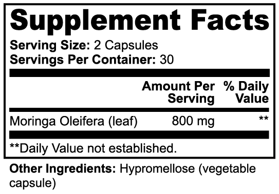 Moringa Pure supplement facts panel, real label photograph