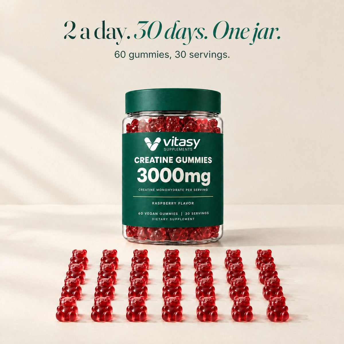 Vitasy Creatine Gummies: 2 a day, 30 days, one jar of 60 gummies
