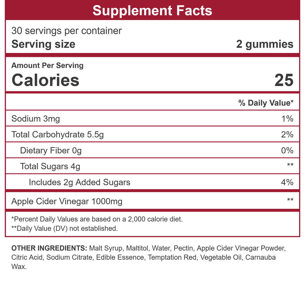 Apple Cider Vinegar Gummies Supplement Facts panel
