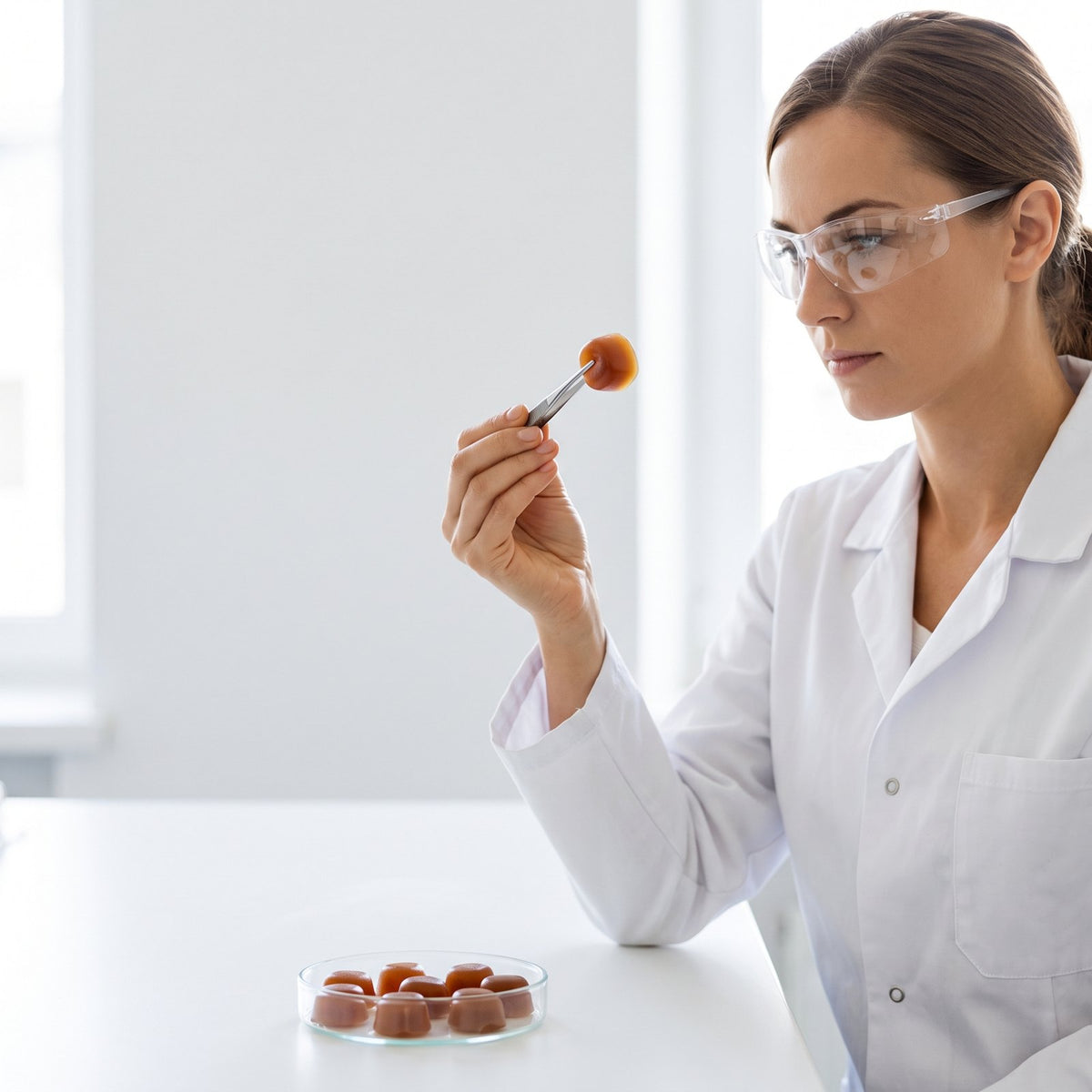 Scientist inspecting an amber gummy with tweezers
