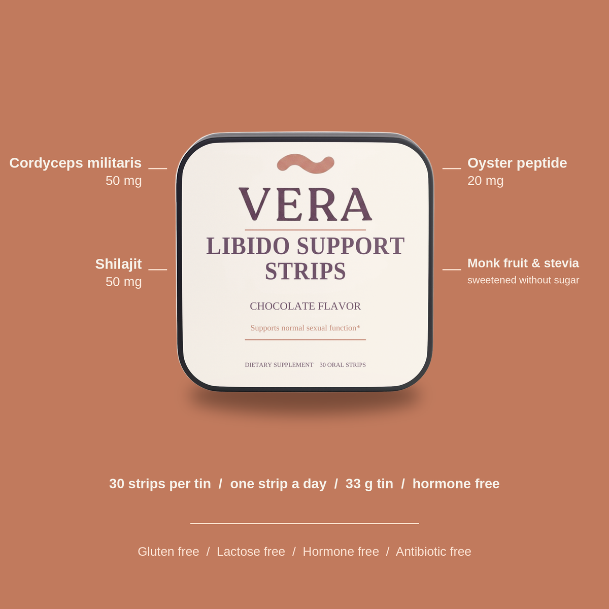 VERA Libido Support Strips label at a glance: cordyceps 50 mg, shilajit 50 mg, oyster peptide 20 mg (v3)