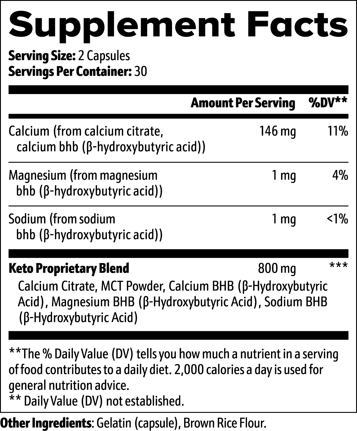 Supplement facts panel for COMPASS Keto BHB Capsules