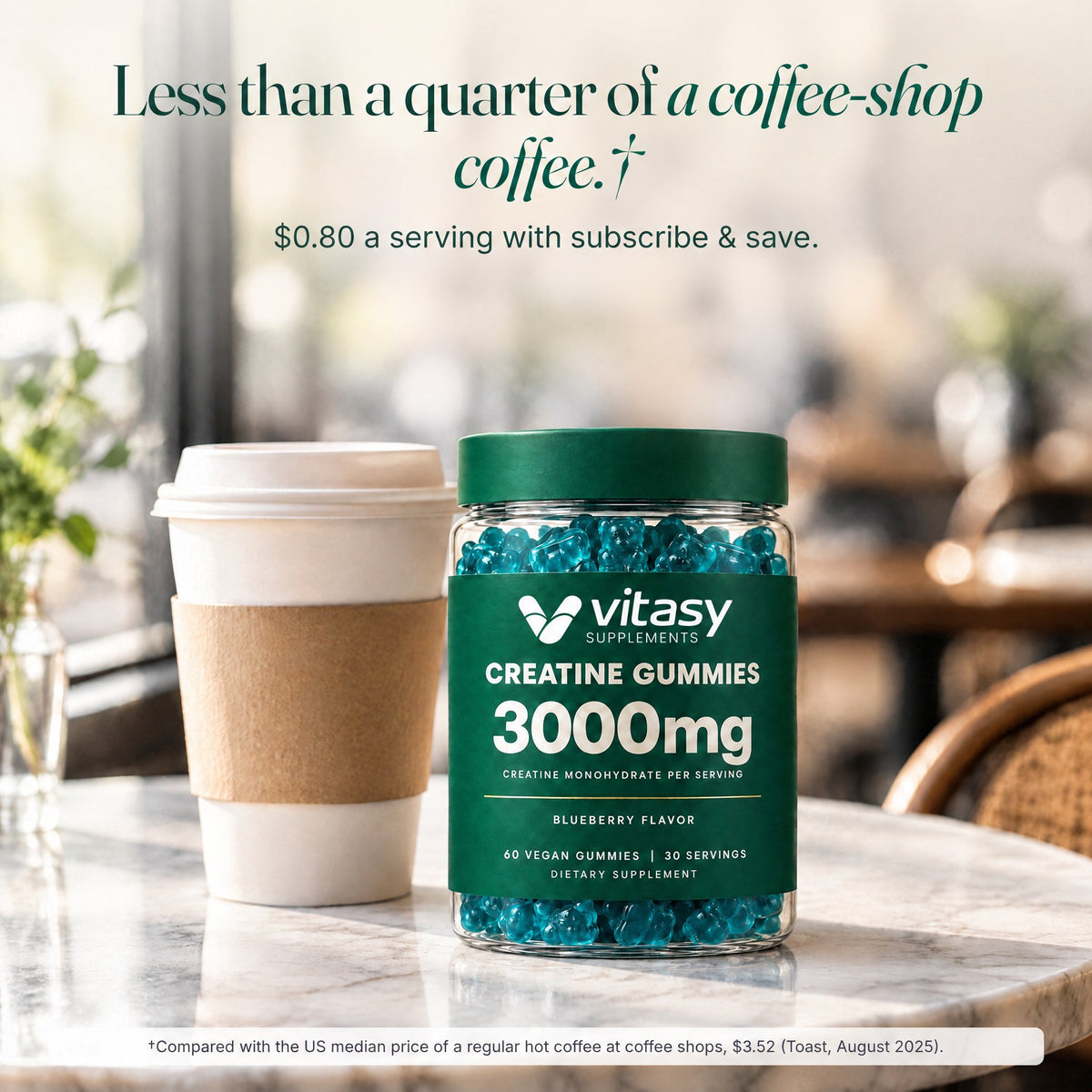 Vitasy Creatine Gummies next to a coffee-shop cup: less than a quarter of a coffee-shop coffee per serving