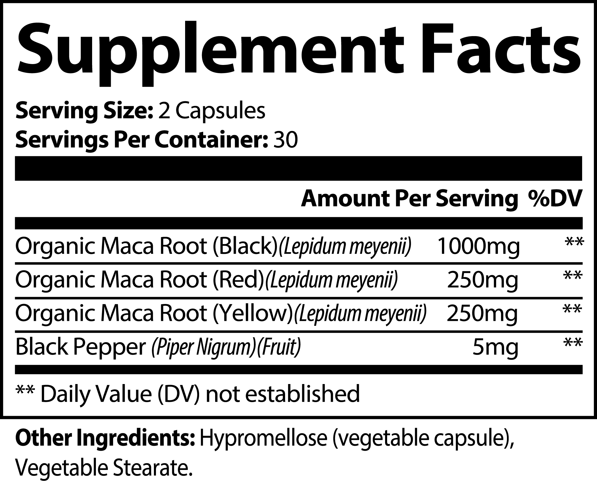 VERA Maca Plus supplement facts panel: over 1,500 mg organic maca root per two-capsule serving, 30 servings
