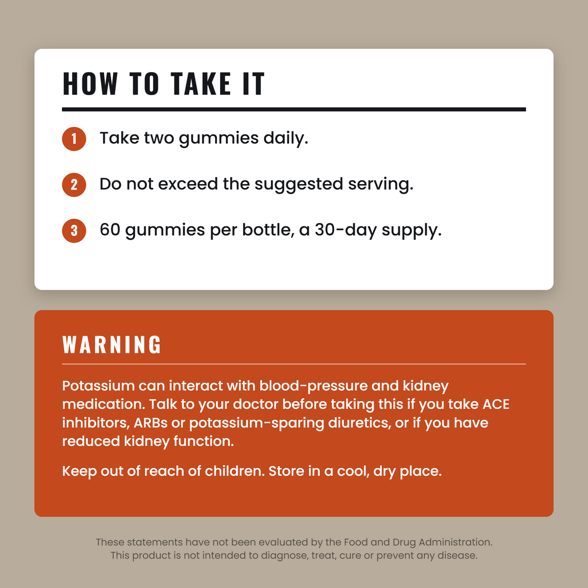 How to take it - two gummies daily - and a warning about blood-pressure and kidney medication
