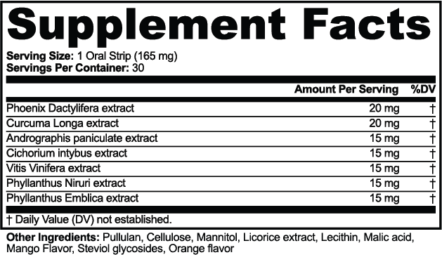 Supplement facts panel for CORTEX Hangover Strips, listing the seven botanical extracts by species and the pullulan film ingredients as printed on the tin