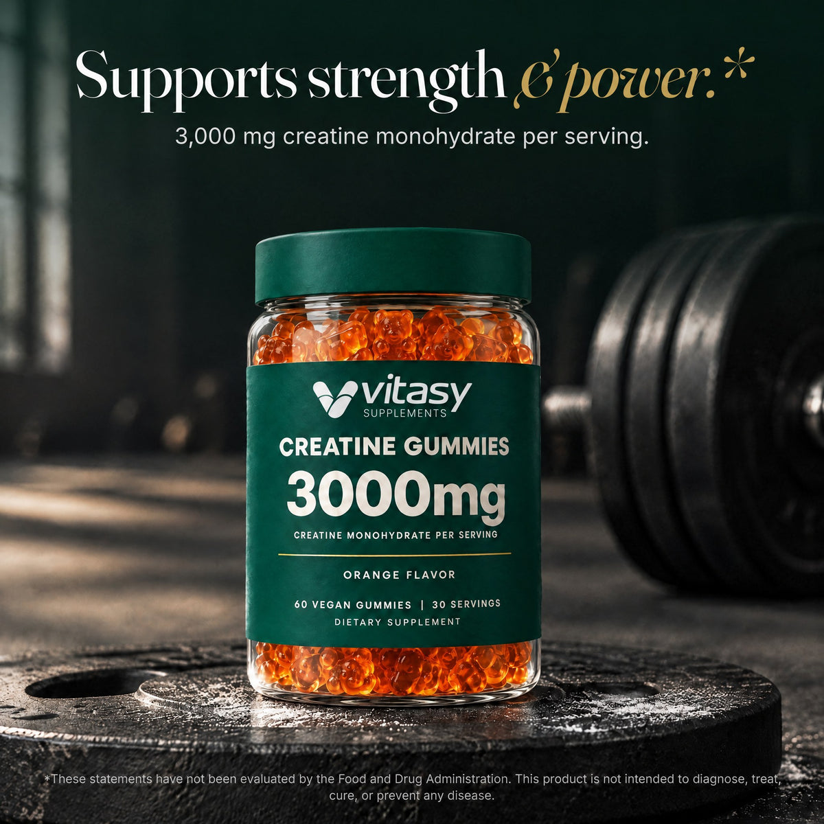 Vitasy Creatine Gummies on a weight plate: supports strength and power, 3,000 mg per serving