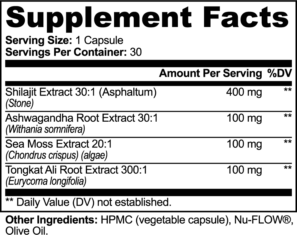 Shilajit Adaptogen Complex - Energy, Stamina & Stress Support - 400mg Shilajit Per Serving Capsules - 30 Servings, Vegan & Non-GMO