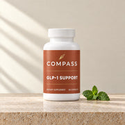 Compass GLP-1 Support terracotta, 60 capsules, bottle on travertine